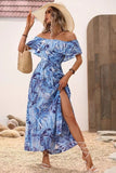 Off The Shoulder Green Orange Printed Summer Dress With Slit