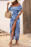 Off The Shoulder Green Orange Printed Summer Dress With Slit