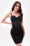 Black Spaghetti Straps Bodycon Short Homecoming Dress with Appliques