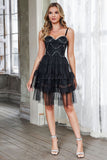 Black Tulle Tiered Spaghetti Straps Short Homecoming Dress with Beading