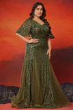 Sparkly Olive Mermaid Tulle Long Mother of the Bride Dress