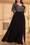 Black Chiffon A Line Long Mother of the Bride Dress with Slit