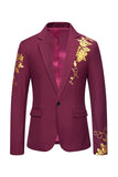 Burgundy Flower Print One Button Notched Lapel Men's Blazer