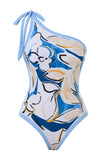 One Shoulder Print Beach Blue Swimsuit