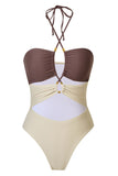Ivory Halter Cut Out One Piece Swimsuit with Cover Up