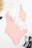 Black White One Piece V Neck Beach Swimwear with 3D Flowers
