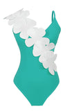 Black White One Piece V Neck Beach Swimwear with 3D Flowers