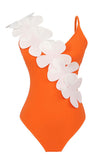 Black White One Piece V Neck Beach Swimwear with 3D Flowers