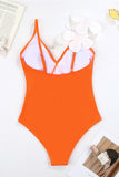 Black White One Piece V Neck Beach Swimwear with 3D Flowers