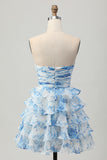 Pink Flower A-line Strapless Tiered Short Homecoming Dress with Front Bow