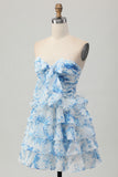 Pink Flower A-line Strapless Tiered Short Homecoming Dress with Front Bow