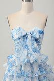 White Blue Flower A-line Strapless Tiered Mini Homecoming Dress with Front Bow