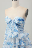 White Blue Flower A-line Strapless Tiered Mini Homecoming Dress with Front Bow