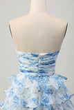 White Blue Flower A-line Strapless Tiered Mini Homecoming Dress with Front Bow
