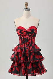 Black Red Floral A-line Sweetheart Tiered Corset Short Homecoming Dress