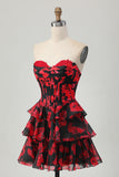 Black Red Floral A-line Sweetheart Tiered Corset Short Homecoming Dress