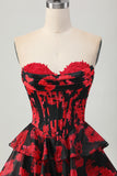 Black Red Floral A-line Sweetheart Tiered Corset Short Homecoming Dress