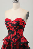 Black Red Floral A-line Sweetheart Tiered Corset Short Homecoming Dress