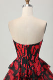 Black Red Floral A-line Sweetheart Tiered Corset Short Homecoming Dress