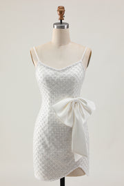 Pearls White Bodycon Sequins Homecoming Dress with Bow