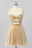Sparkly Gold A-Line Cut-Out Sequins Mini Homecoming Dress with Beading