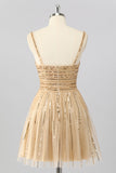 Sparkly Gold A-Line Cut-Out Sequins Mini Homecoming Dress with Beading