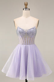 Strapless A Line Lilac Sequins Corset Short Homecoming Dress with Beading