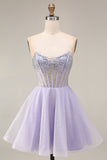 Strapless A Line Lilac Sequins Corset Short Homecoming Dress with Beading
