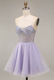 Strapless A Line Lilac Sequins Corset Short Homecoming Dress with Beading