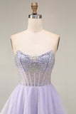 Strapless A Line Lilac Sequins Corset Short Homecoming Dress with Beading