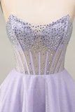 Strapless A Line Lilac Sequins Corset Short Homecoming Dress with Beading
