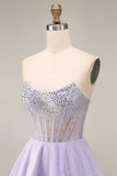 Strapless A Line Lilac Sequins Corset Short Homecoming Dress with Beading