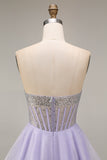 Strapless A Line Lilac Sequins Corset Short Homecoming Dress with Beading