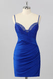 Royal Blue Bodycon Corset Ruched Mini Homecoming Dress with Beading