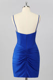 Royal Blue Bodycon Corset Ruched Mini Homecoming Dress with Beading