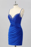 Royal Blue Bodycon Corset Ruched Mini Homecoming Dress with Beading