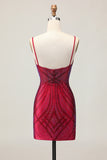 Sparkly Burgundy Bodycon Spaghetti Straps Short Homecoming Dress with Beading