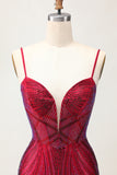 Sparkly Burgundy Bodycon Spaghetti Straps Short Homecoming Dress with Beading