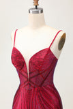 Sparkly Burgundy Bodycon Spaghetti Straps Short Homecoming Dress with Beading