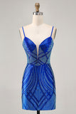 Sparkly Royal Blue Spaghetti Straps Tight Short Homecoming Dress with Beading
