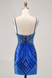 Sparkly Royal Blue Spaghetti Straps Tight Short Homecoming Dress with Beading