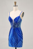 Sparkly Royal Blue Spaghetti Straps Tight Short Homecoming Dress with Beading