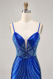 Sparkly Royal Blue Spaghetti Straps Tight Short Homecoming Dress with Beading