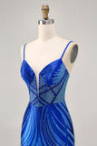 Sparkly Royal Blue Spaghetti Straps Tight Short Homecoming Dress with Beading