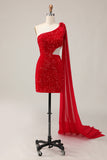 Sparkly Sequins One Shoulder Cut Out Tight Short Red Homecoming Dress with Streamer
