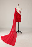 Sparkly Sequins One Shoulder Cut Out Tight Short Red Homecoming Dress with Streamer