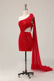 Sparkly Sequins One Shoulder Cut Out Tight Short Red Homecoming Dress with Streamer