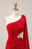 Sparkly Sequins One Shoulder Cut Out Tight Short Red Homecoming Dress with Streamer