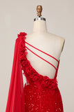 Sparkly Sequins One Shoulder Cut Out Tight Short Red Homecoming Dress with Streamer