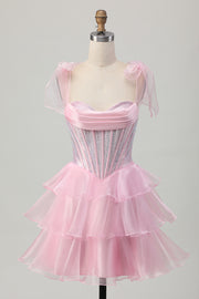 Sparkly Pink Straps Bow Corset Tiered Beaded Homecoming Dress